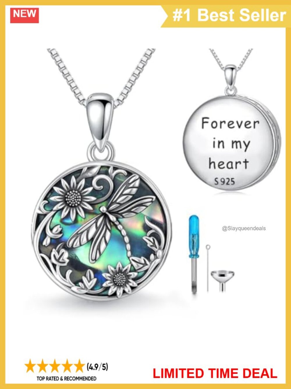 925 Sterling Silver Dragonfly Urn Necklace Abalone Ashes Memorial Jewelry 18in